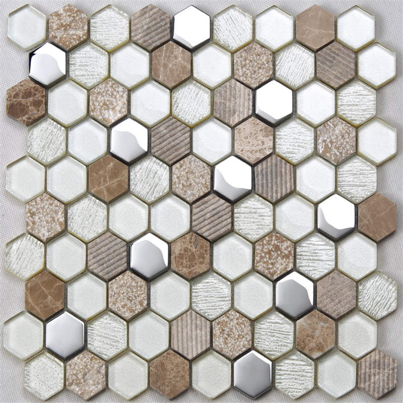 Glitter Silver Plating Kolorowy Hexagon Ceramic Wall Tile Kitchen Backsplash Glass Mosaic