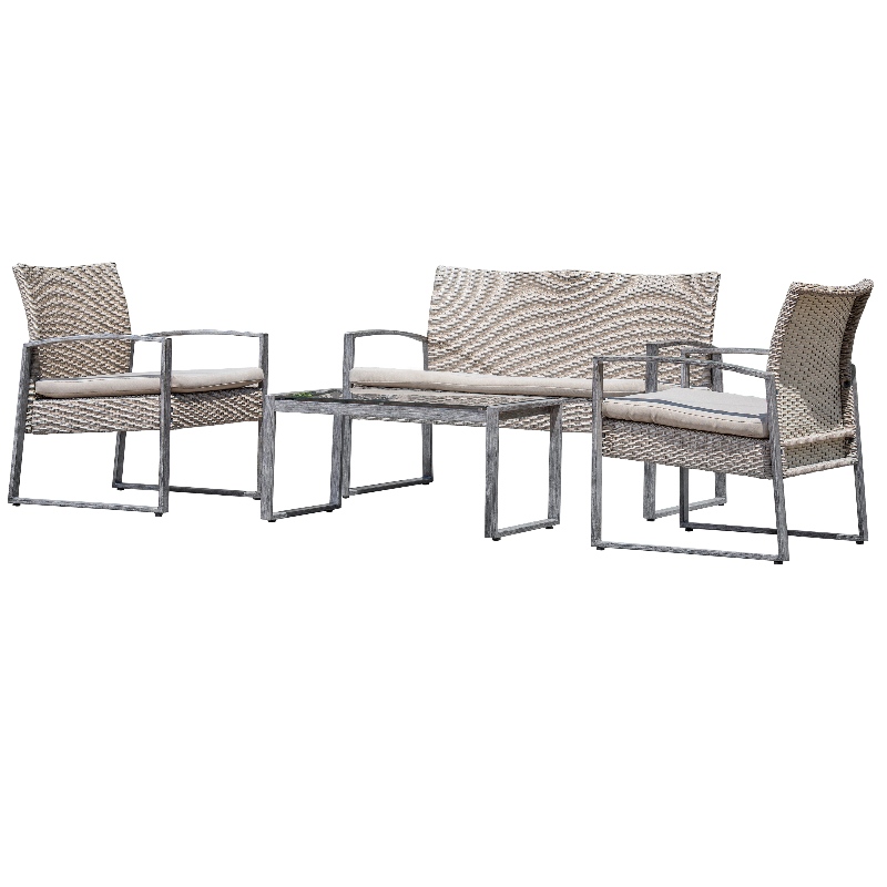 4 Sztuka Na Zewnątrz Zestaw do Rozmowy Patio Ogród Basen Trawnik Rattan Wiklina Loveseat Sofa Amortyzowany Siedzisko i Szklany Blat Zestaw Stolik Meble