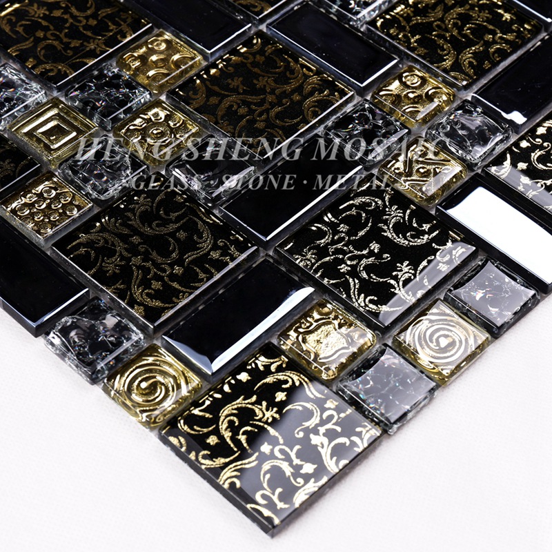 HDT02 Arabeskowy Nowy projekt Złota linia Laminowane czarne szkło artystyczne Kwiatowy wzór mozaiki Płytki do kuchni Backsplash Wall