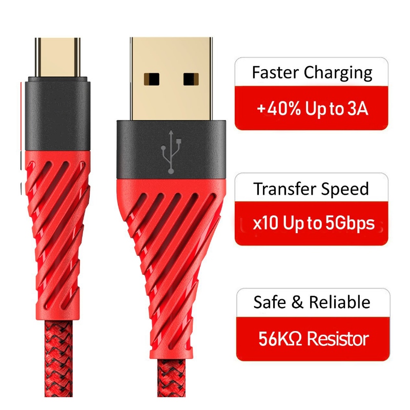 Kabel USB C 3.0, kabel USB typu C Szybkie ładowanie Kabel USB do telefonu komórkowego do Samsung Galaxy S8, S9 Plus, Note 8, LG v20, G6, G5, v30, Google Pixel 2 XL, Nexus 6-3 Pack czerwony