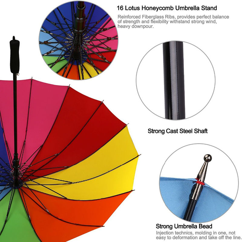 16 żebrowych tęczowych prezentów firmowych parasol z metalowymi żebrami prosty parasol z funkcją automatycznego otwierania