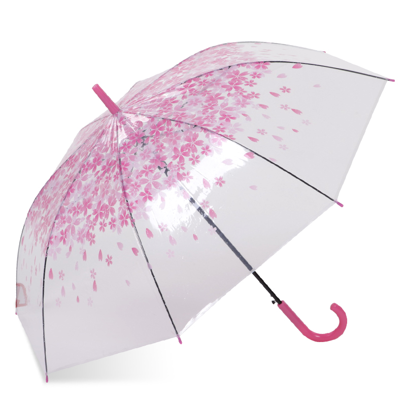 różowa sakura 23 '' 8k automatyczny plastikowy uchwyt J z przezroczystym parasolem w kształcie prostego poe
