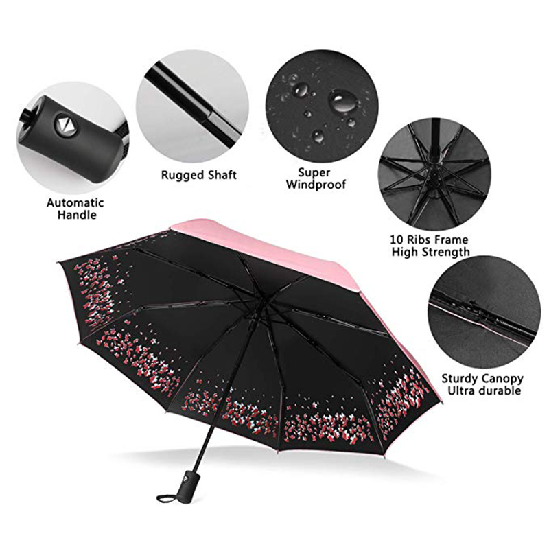 Parasol z nadrukiem w kwiaty z czarną powłoką Ochrona przed promieniowaniem UV 3-częściowy parasol