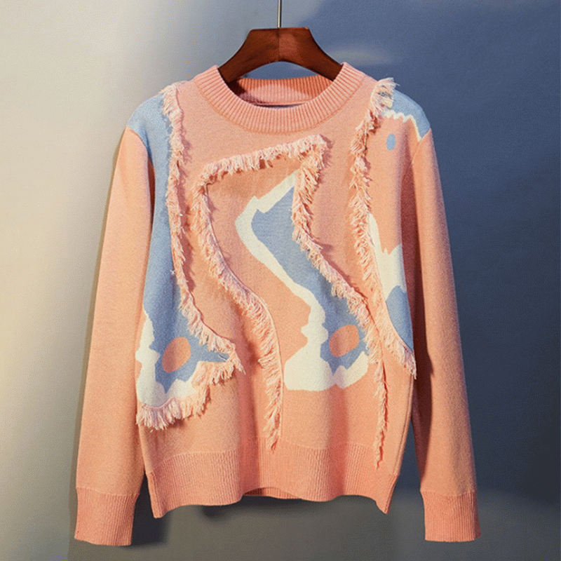 Sweter z frędzlami, wczesną wiosną 2019, luźny, gruby, szyty frędzel