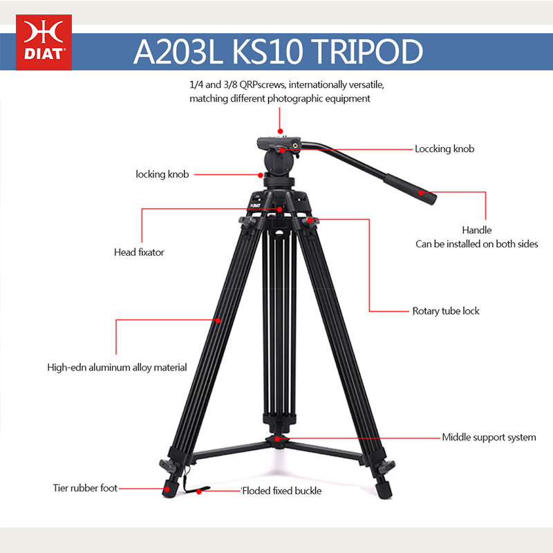Diat A203L KS-10 Cyfrowy stop aluminium Wsparcie wideo statyw o wysokości 1,8 metra 3 sekcje