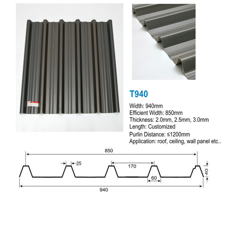 T940 Szary wysoki szczyt ASA PVC UPVC Dachówka Trapezowa falista blacha dachowa