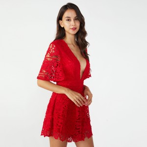 Czerwony, haftowany, jednoczęściowy damski przyczynowy krótki seksowny kombinezon dla kobiet