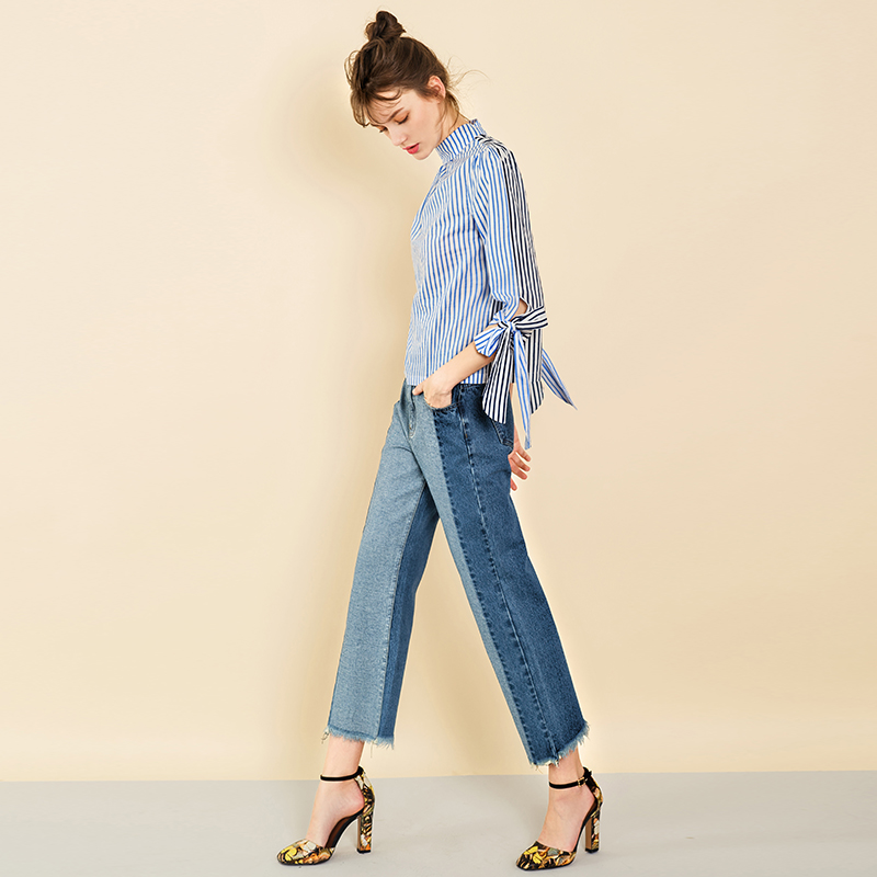 2019 New Arrival Fashion Szorstki Selvedge Hem Łączenie Niebieskie jeansowe spodnie jeansowe damskie