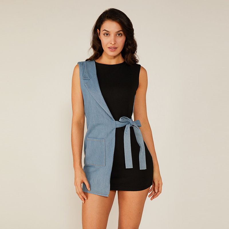 Nowa, dorywczo mini sukienka bez rękawów Office Women Asymmetrical Belt