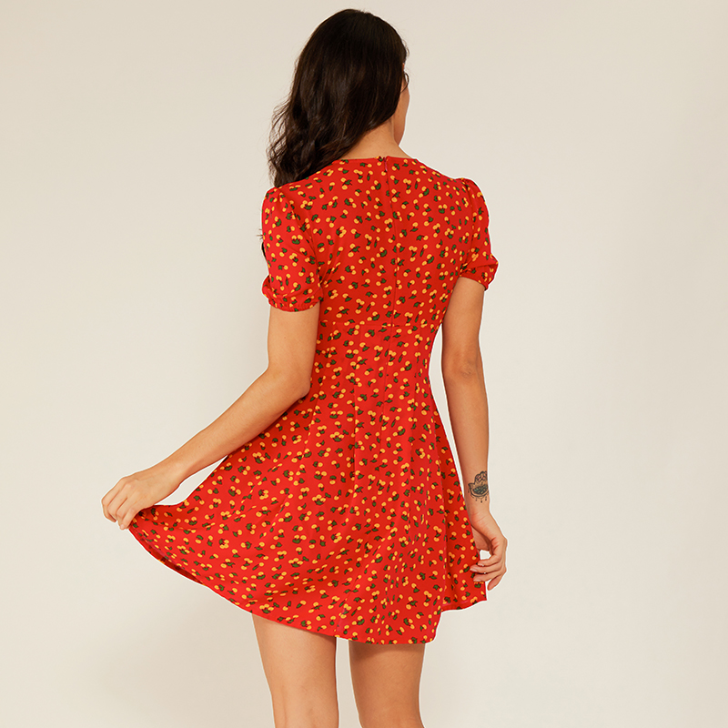 Kobieta Sexy Głęboka V Czerwona Swing Floral Boho Vintage Casual Dress