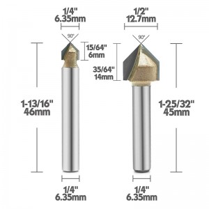 Rowek 90-stopniowy V Frez, Pokryty tytanem 2-ostrzowy trzpień grawerowany CNC Frez do fazowania Frez do fazowania, 1/4 cala