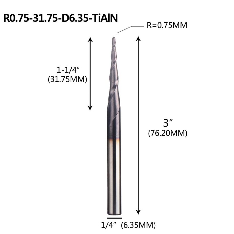 Frez stożkowy z końcówką kulkową 1/4 x 3 cale z kulką 0,75 mm 4,36 stopnia do grawerowania maszynowego CNC