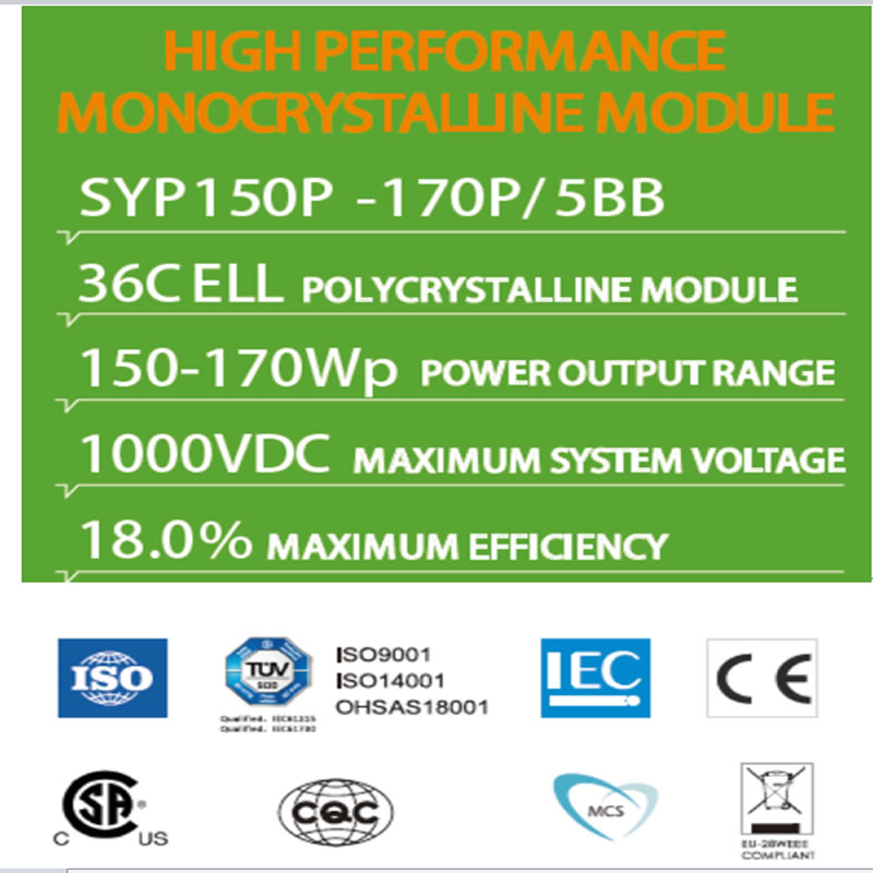 WYSOKIEJ WYDAJNOŚCI MODUŁ MONOKRYSTALICZNY SYP150P -170P / 5BB 36C ELL MODUŁ POLIKRYSTALICZNY