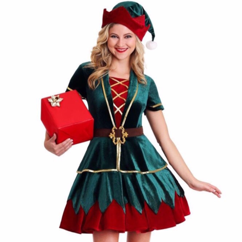 4pcs Deluxe Elf Christmas Party Holiday Velvet Mini Dress Kostium z kapeluszem