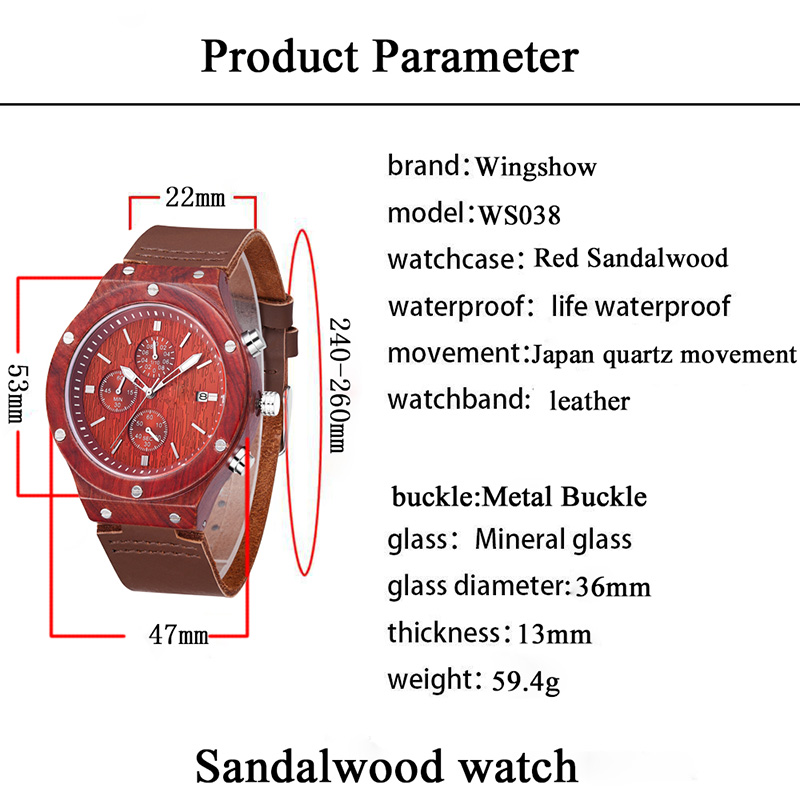 2019 Nowy czerwony miękki skórzany pasek Zegarek z drewna sandałowego z tarczą zegarową