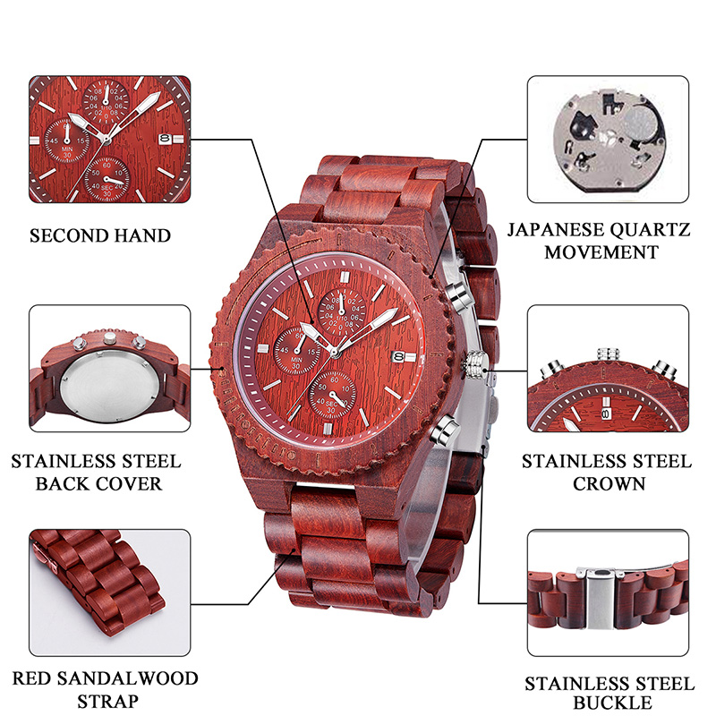 Wodoodporny zegarek z czerwonego drzewa sandałowego z modnymi zegarkami kwarcowymi z datownikiem