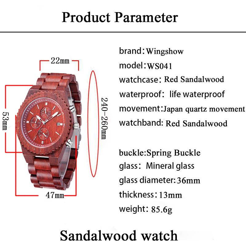 Wodoodporny zegarek z czerwonego drzewa sandałowego z modnymi zegarkami kwarcowymi z datownikiem