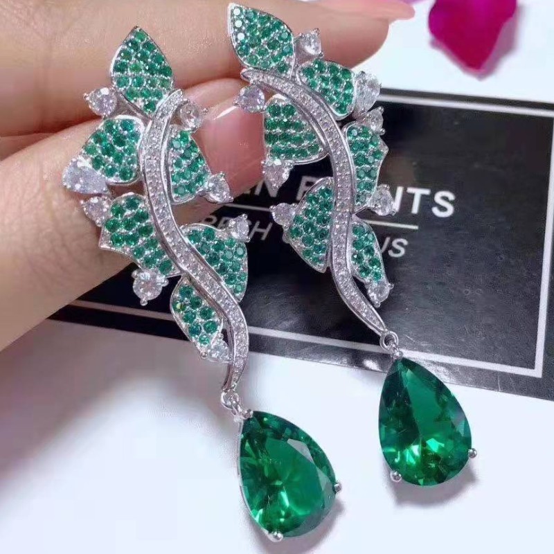 925 STERLING SREBRNY SYNTETYCZNY SZKLANY LIŚĆ KUBYJSKA CYRKONIA KOBIETY DANGLE KOLCZYKI