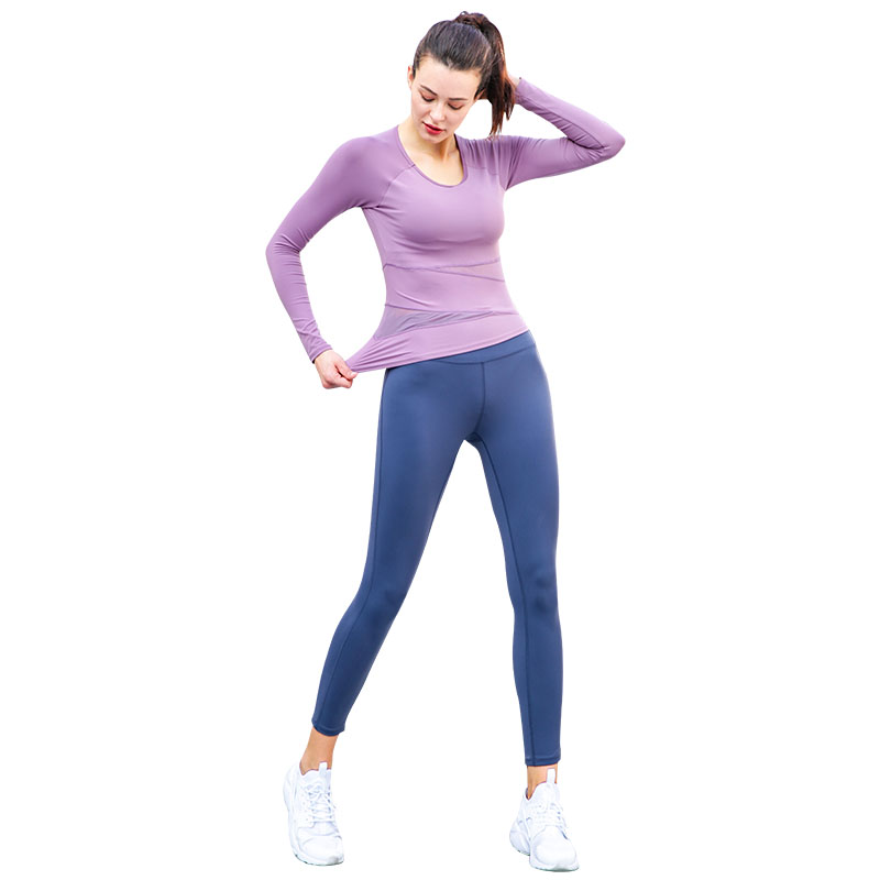 FDF013- Womens 2 Kawałki Outfits Joga Set High Wait Leggings i koszulka z długim rękawem