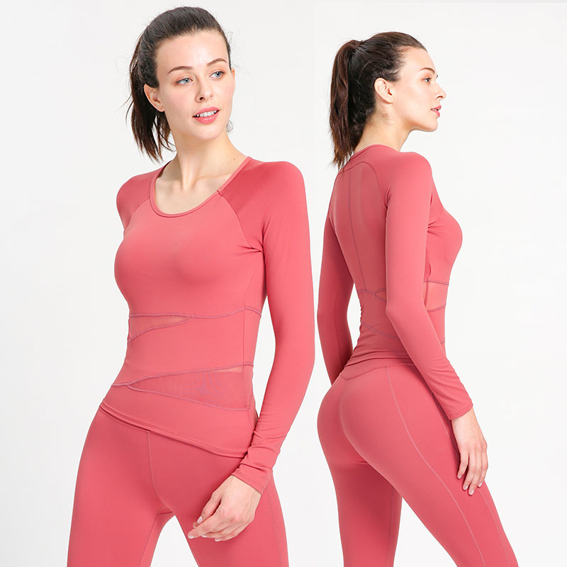 FDF013- Womens 2 Kawałki Outfits Joga Set High Wait Leggings i koszulka z długim rękawem