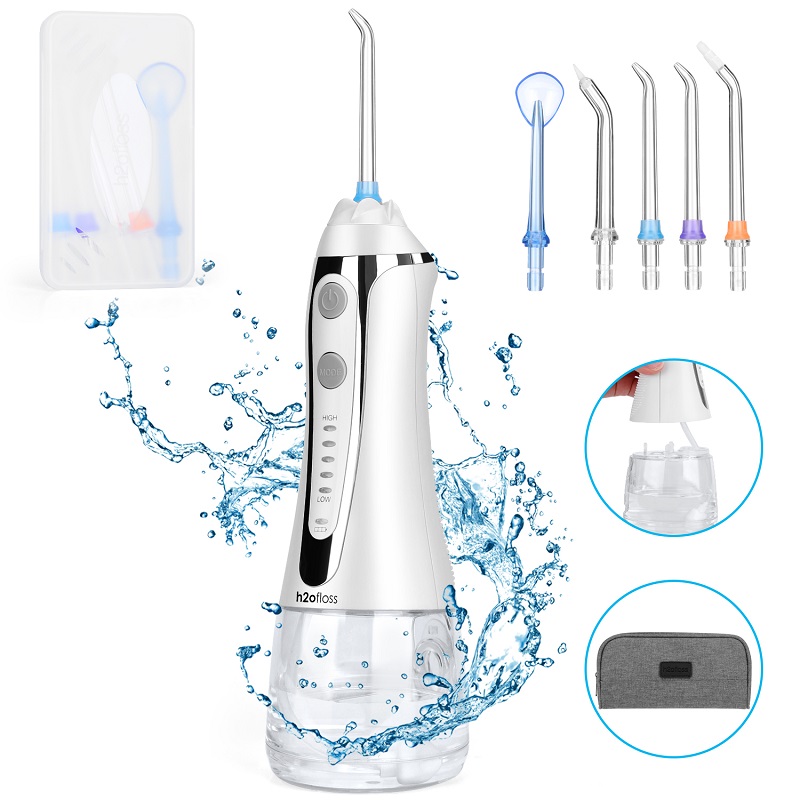 H2ofloss Water Flosser Profesjonalny bezprzewodowy irygator do jamy ustnej - Przenośny i ładowalny wodoodporny wodoodporny IPX7 do czyszczenia zębów, zbiornik 300 ml do domu i podróży (HF-2)