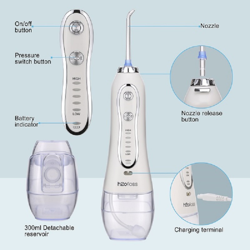 H2ofloss Water Flosser Profesjonalny bezprzewodowy irygator do jamy ustnej - Przenośny i ładowalny wodoodporny wodoodporny IPX7 do czyszczenia zębów, zbiornik 300 ml do domu i podróży (HF-6)