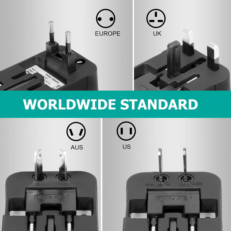 RRTRAVEL International Uniwersalny uniwersalny uniwersalny adapter podróżny Ładowarka ścienna Zasilacz sieciowy z podwójnym portem USB do ładowania USA, UE, Wielka Brytania AUS Europejski telefon komórkowy Laptop