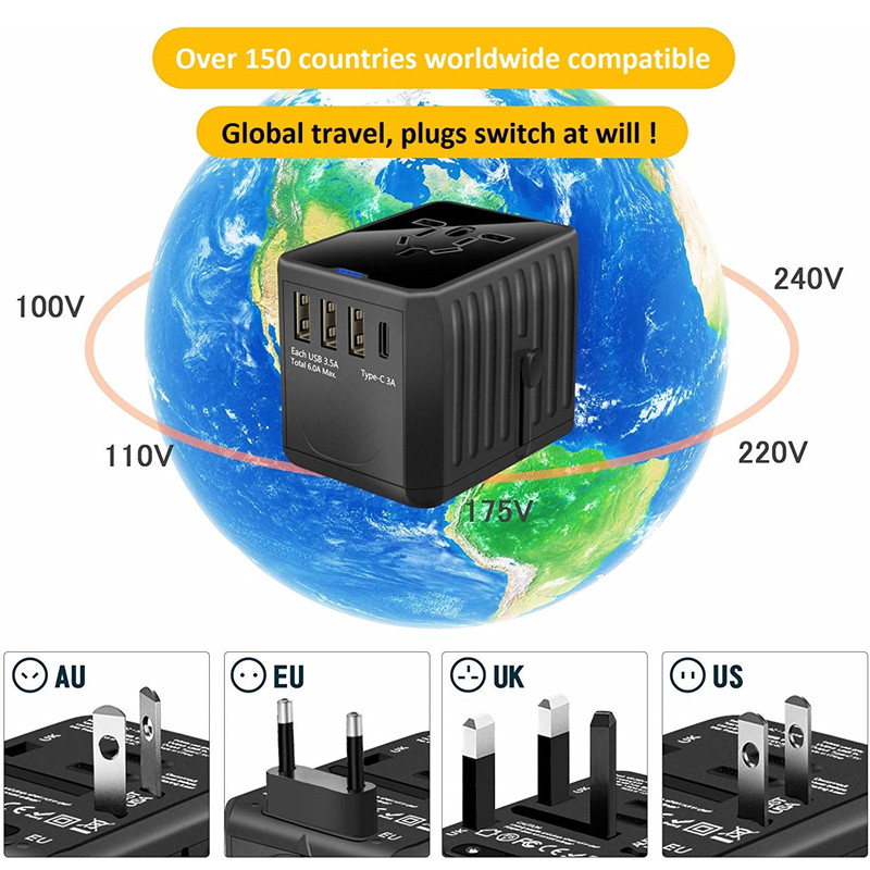 Maksymalna moc 1920 W i 30 W (3 USB i 1 typ C) Super szybkie ładowanie Uniwersalny adapter podróżny Uniwersalny zasilacz podróżny Uniwersalny adapter ścienny z PD i szybkim ładowaniem 3.0 dla US EU UK UK AUS (Pakiet może się różnić)