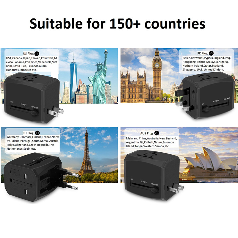 RRTRAVEL Uniwersalny adapter podróżny, uniwersalny międzynarodowy zasilacz z 4A 3 USB, adapter europejski Podróżna ładowarka ścienna do Wielkiej Brytanii, UE, AU, Azji Obejmuje ponad 150 krajów