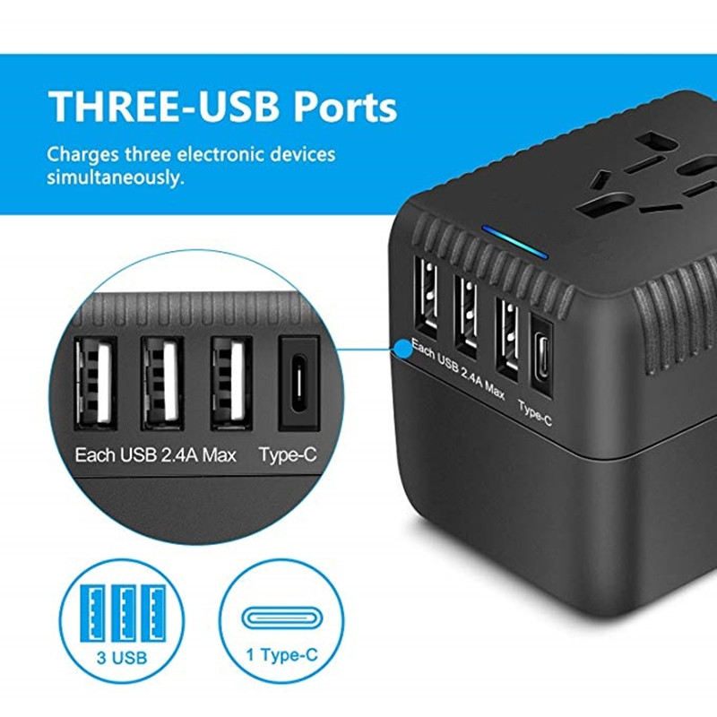 RRTRAVEL Universal Travel Adapter, All in One International Power Adapter with 3 USB + 1 Type-C Charging Ports, European Plug Adapter, AC Ourtet Plug Adapter for European, US, UK, AU 160+.