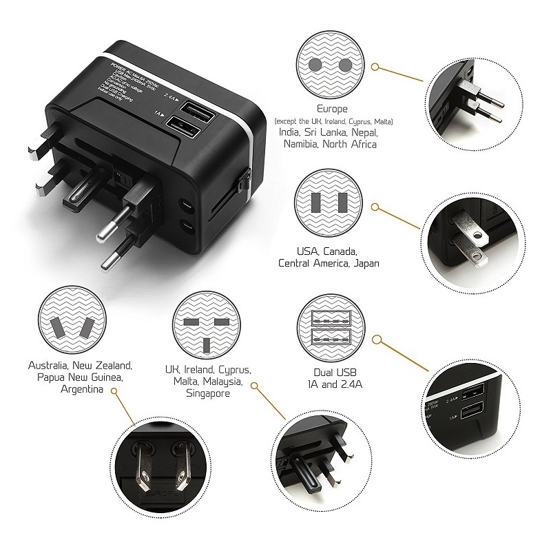 Adapter podróżny RRTRAVEL, uniwersalny międzynarodowy zasilacz z 2 portami USB i europejski adapter wtyczki, dobry do laptopa z telefonem komórkowym w ponad 150 krajach