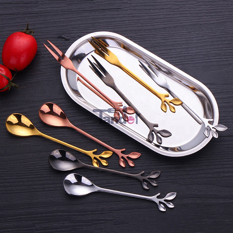 Branch Shape Coffee Spoon Fruit Fork Mirror Little Spoon and Fork Stainless Steel