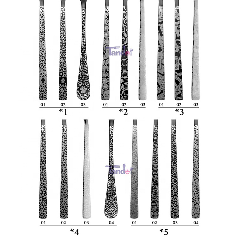 Niestandardowe sztućce laserowe Czarne złote metalowe sztućce Royal Restaurant Wedding Matte Gold Zestaw sztućców ze stali nierdzewnej