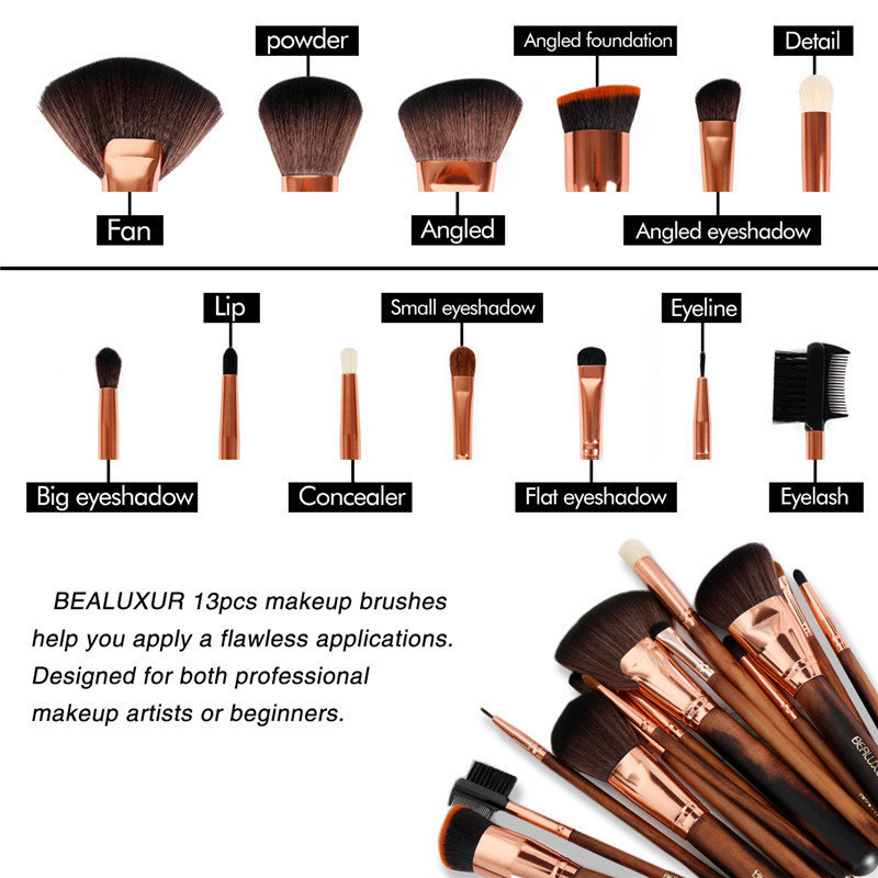 Makijaż zestaw Brusz, 13pcs Makijaż Brusz Premium Synthetic Bristles Powder Fundacja Blush Contour Conalers Lip Eyeshadow Brushes Kit 28230; (uchwyt 005 Wooden)