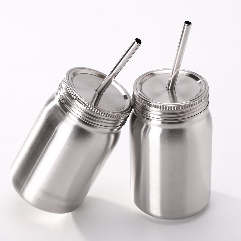 500ml słoik ze stali nierdzewnej o podwójnej warstwie ze stali nierdzewnej ze słomianym odkurzaczem o izolacji próżniowej z szczelnymi pokrywkami ze słomy Smoothie Cup Round
