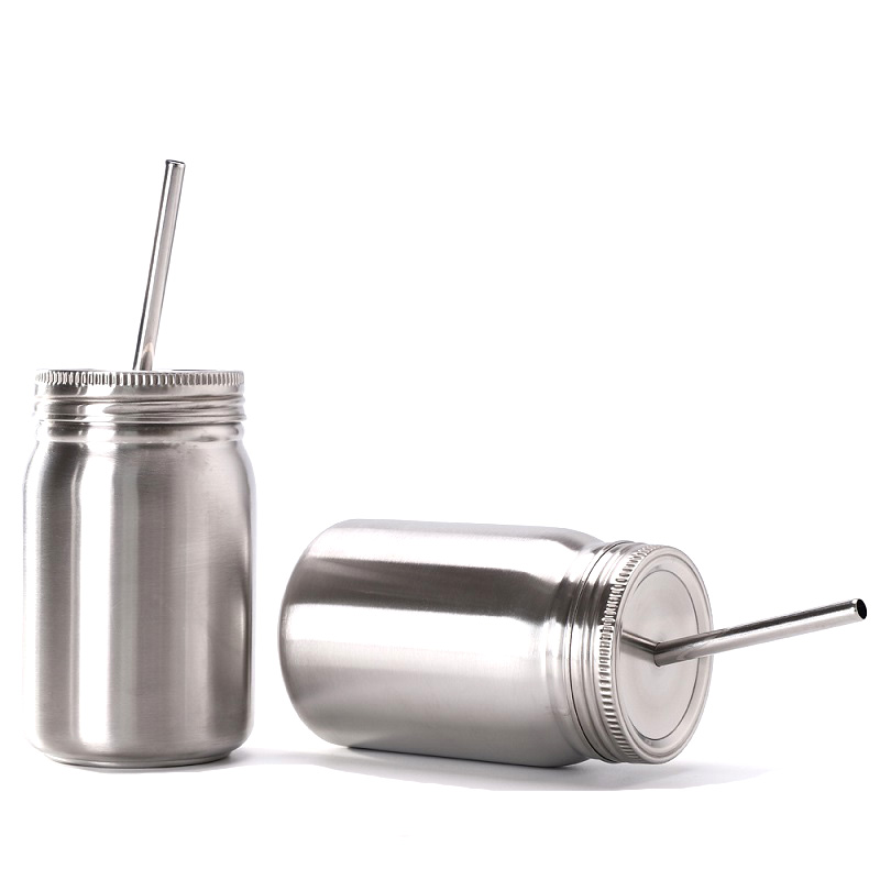 500ml słoik ze stali nierdzewnej o podwójnej warstwie ze stali nierdzewnej ze słomianym odkurzaczem o izolacji próżniowej z szczelnymi pokrywkami ze słomy Smoothie Cup Round