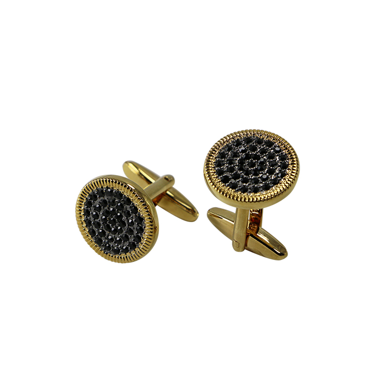 18k Gold Plated Line Border Crystal Round Cuff Links