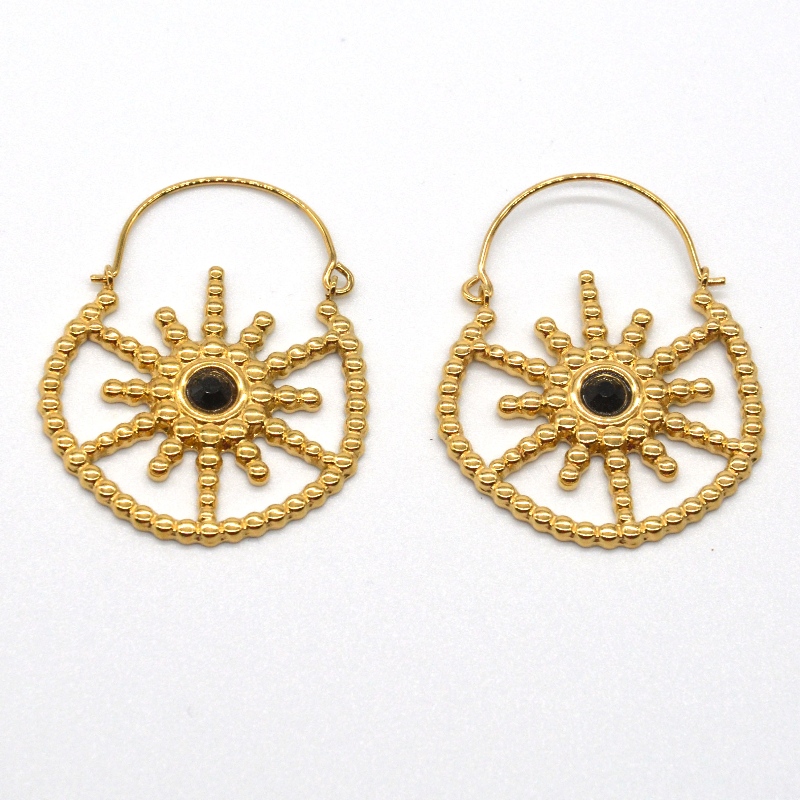 Damska pozłacana biżuteria w stylu bohemy vintage kwiatowy czarny agat kolczyki Chiny Ruifanbao fabryka przetwarzania biżuterii