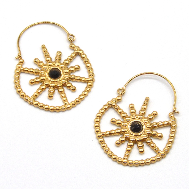 Damska pozłacana biżuteria w stylu bohemy vintage kwiatowy czarny agat kolczyki Chiny Ruifanbao fabryka przetwarzania biżuterii