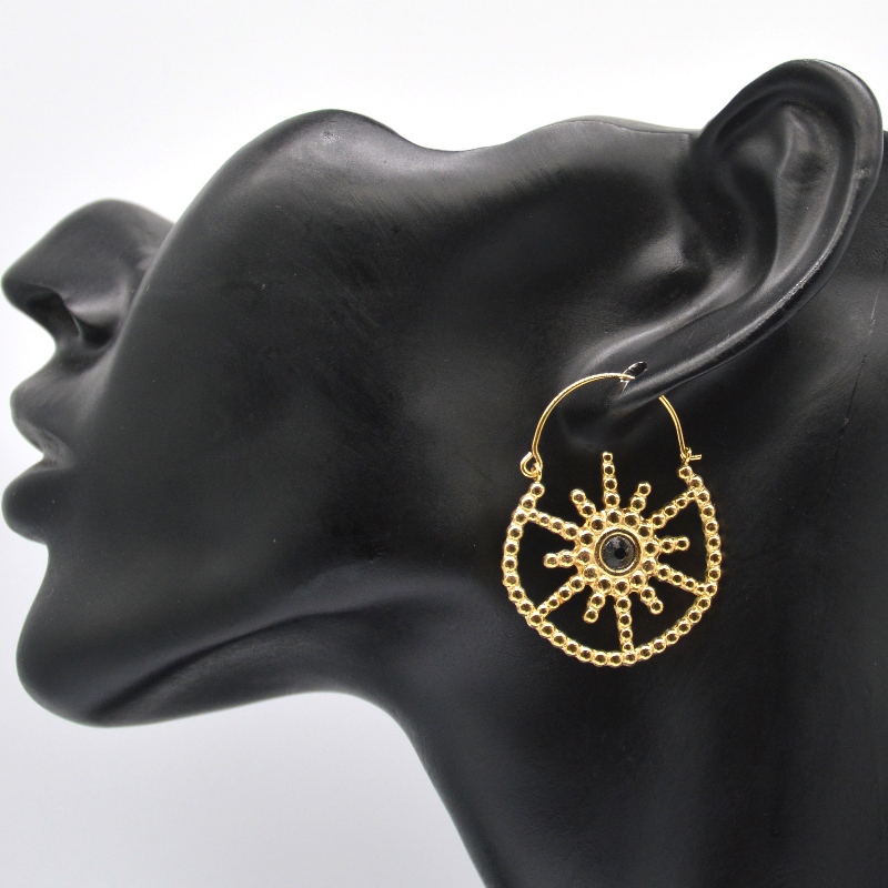 Damska pozłacana biżuteria w stylu bohemy vintage kwiatowy czarny agat kolczyki Chiny Ruifanbao fabryka przetwarzania biżuterii