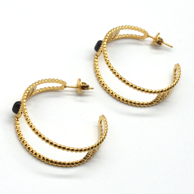 Złote kolczyki koła, kolczyki koła w kształcie litery C, czarny agat, kobiece uszy wrażliwe, biżuteria hipoalergiczna, Chiny Fabryka przetwarzania biżuterii Ruifanbao