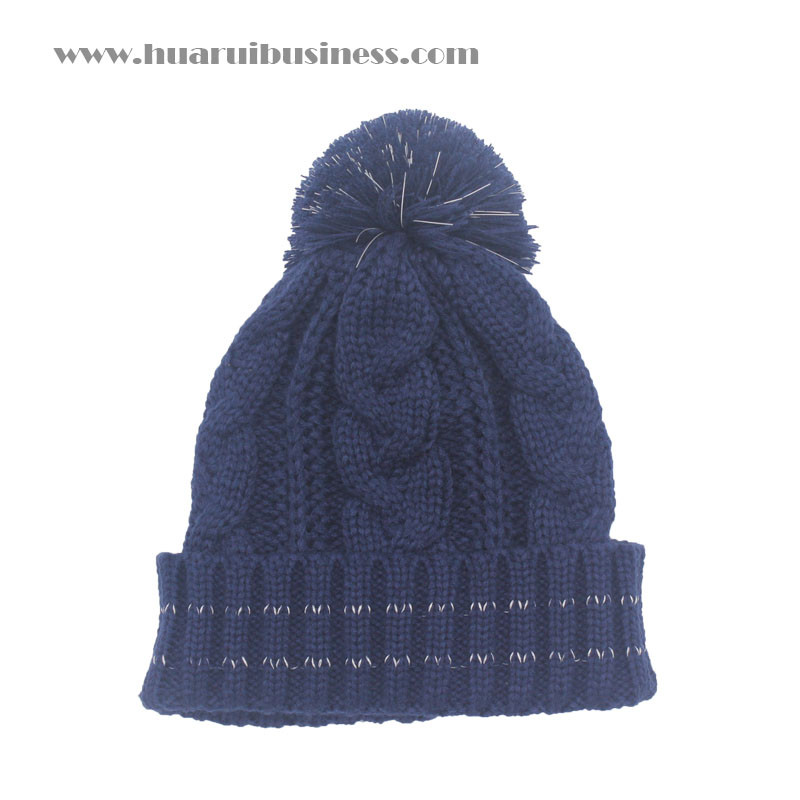 czapka z grubej dzianiny ze ściągaczami w warkocze, czapka, tuque, unisex, czapka zimowa z pomponem, mankiet z odblaskowymi paskami, pompon z efektem odblaskowym