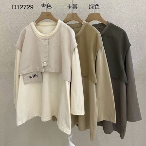 luźno dopasowany projekt Minimalst Round Collar style Stitched rękaw Casual Solid color bawełna i bielizna przerośnięta na zamówienie 12729 Fałszywy płat 160;dwa kawałki Sweatshirts