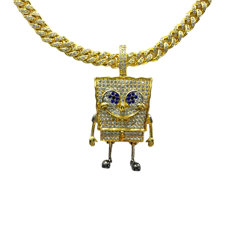 Moda Cartoon SpongeBob Squarepants Intaid Cyrkon Wisiorek Hip Hop Street Trend Naszyjnik