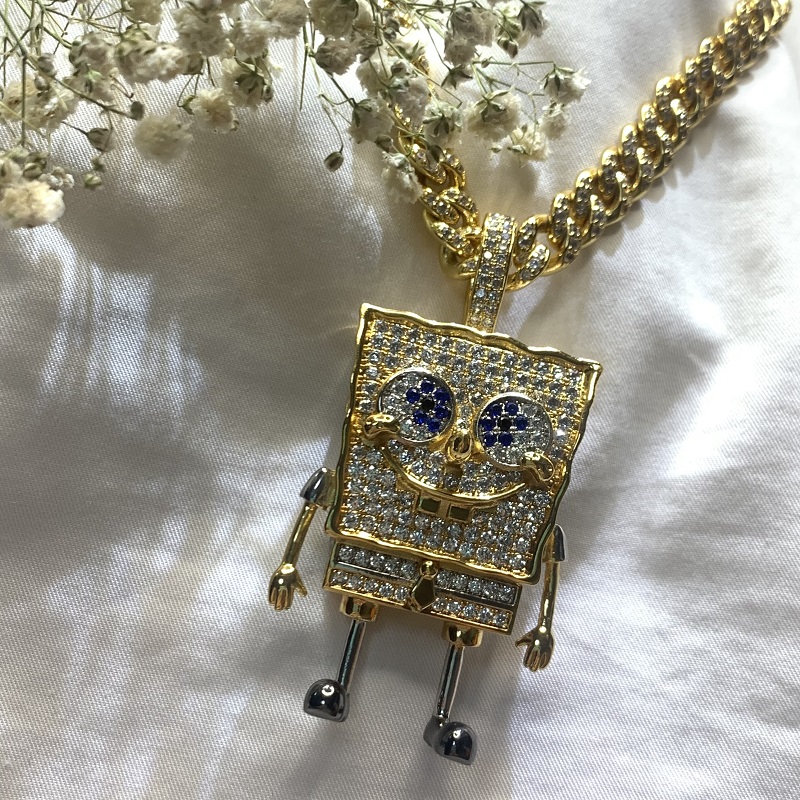 Moda Cartoon SpongeBob Squarepants Intaid Cyrkon Wisiorek Hip Hop Street Trend Naszyjnik