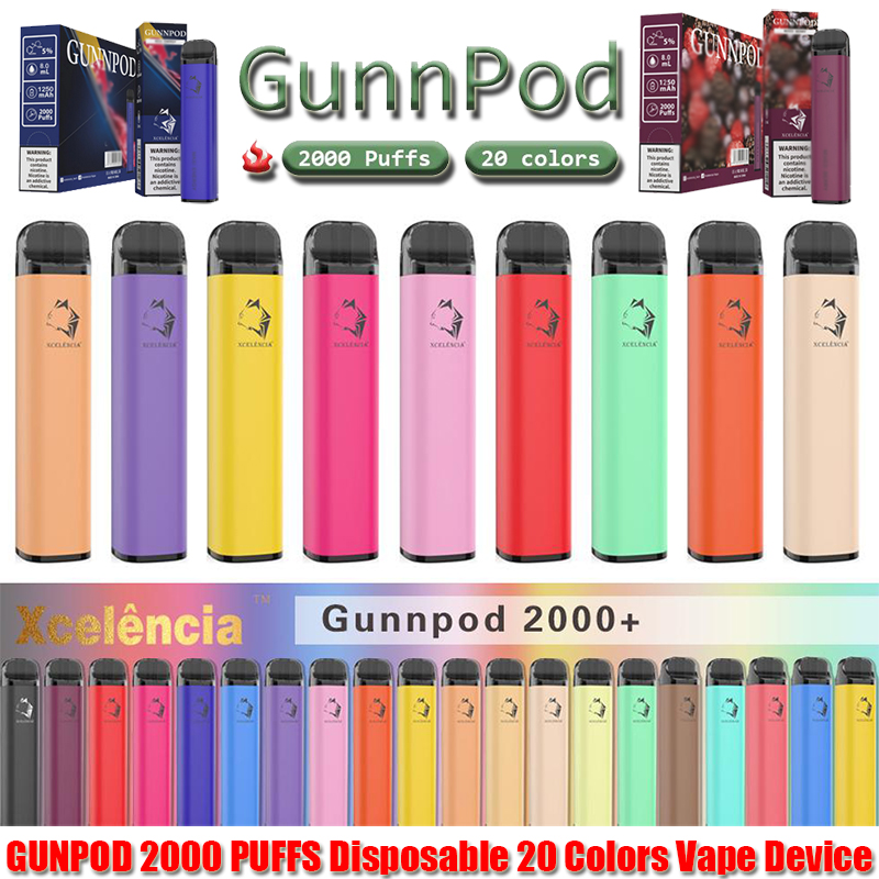 Gunnpod 2000 Puffs Wstępnie wypełnione Jednorazowe Vape 1250mAh Bateria E Divce 18350 8ml Parizer Zestaw startowy VS Elf Bar 20 Flavs Pen Pod Puff Gunpod
