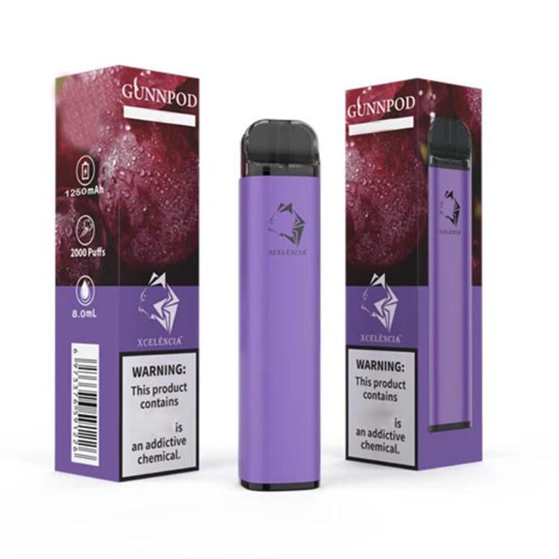 Gunnpod 2000 Puffs Wstępnie wypełnione Jednorazowe Vape 1250mAh Bateria E Divce 18350 8ml Parizer Zestaw startowy VS Elf Bar 20 Flavs Pen Pod Puff Gunpod