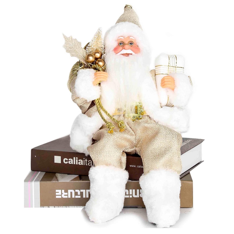 12-calowy Siedzący Złoty Santa Claus Figurka z torbami prezentowymi Liściem i pudełkiemna sobie białe buty świąteczne wakacje