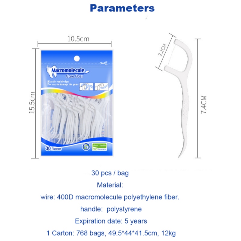 30 Picks Wysokiej jakości MacroMolecule Włókno polietylenowe WSPÓŁPRACA OEM Private Label Torba Dental Floss Pick