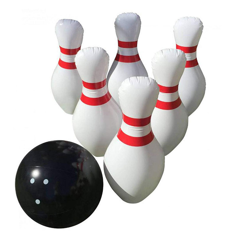 Nadmuchiwany zestaw kręgli zawiera jedną wielką piłkę i 6nadmuchiwanych szponów do kręgli Jumbo Bowling Game for Kids